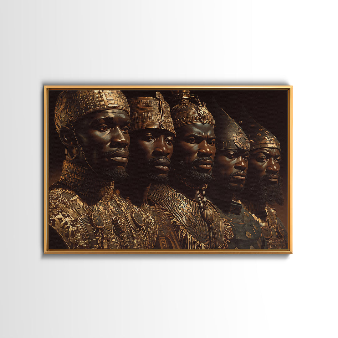 Golden African Kings Portrait Framed Canvas Print, African Warrior Art, Black History Art, Afrocentric Wall Decor Gift For Him