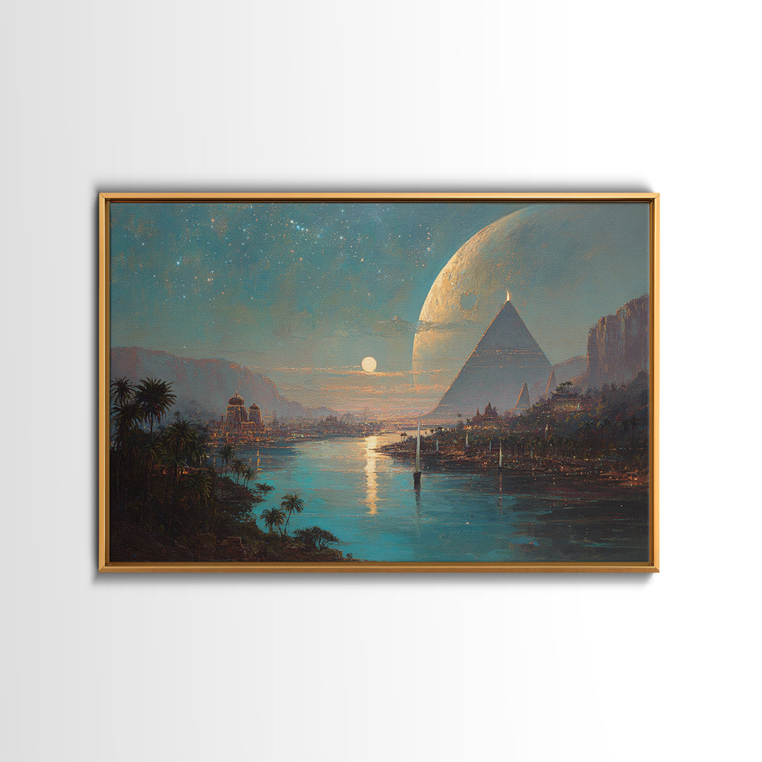 Dreamy Egyptian Pyramid River Wall Art, African Landscape, Ancient Egyptian Art Print, Fantasy Moonlit Home Decor Gift For Bedroom