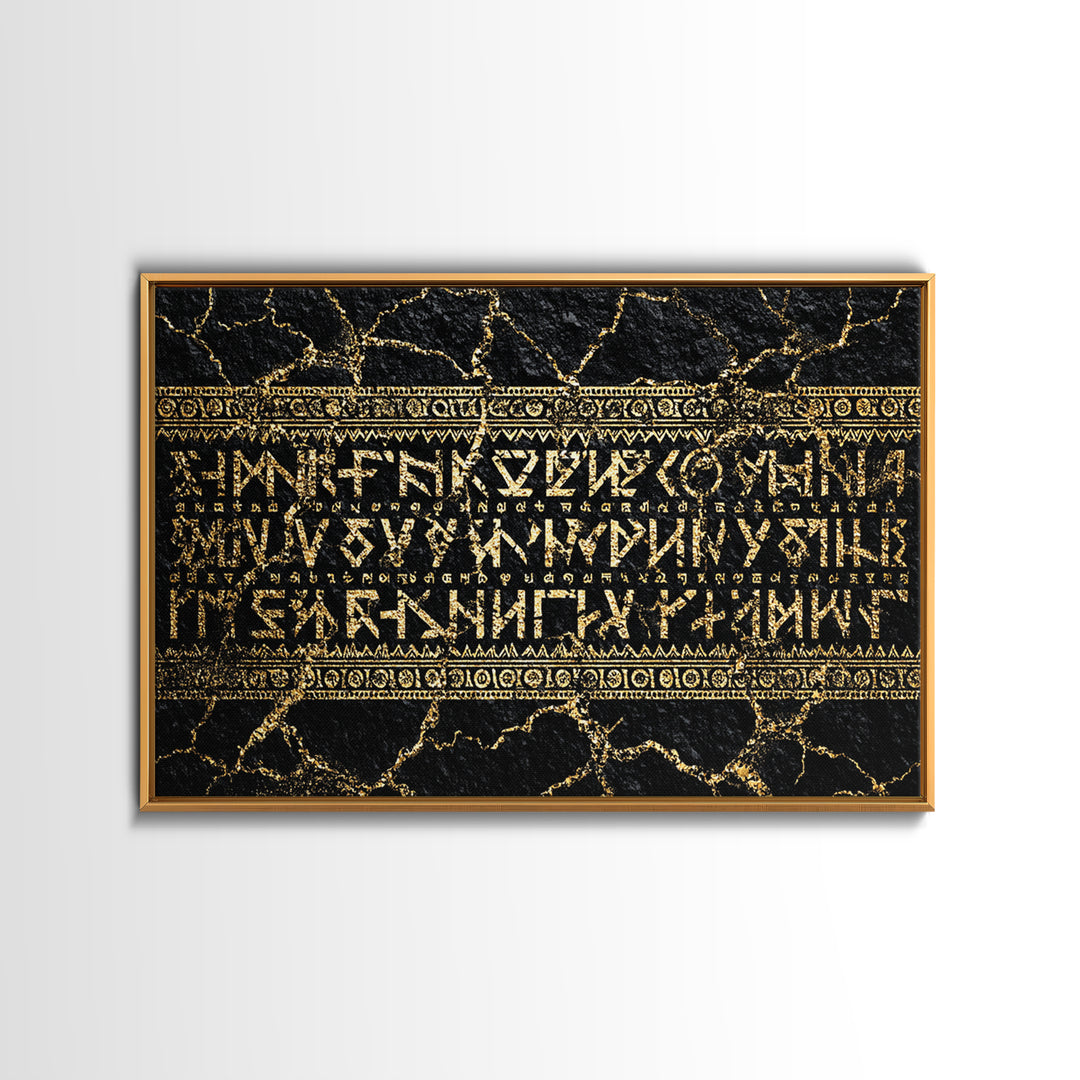 Gold Ancient Script On Black Stone Framed Canvas Print, African Egyptian Art, Cultural Wall Decor, Luxury Home Decor Gift