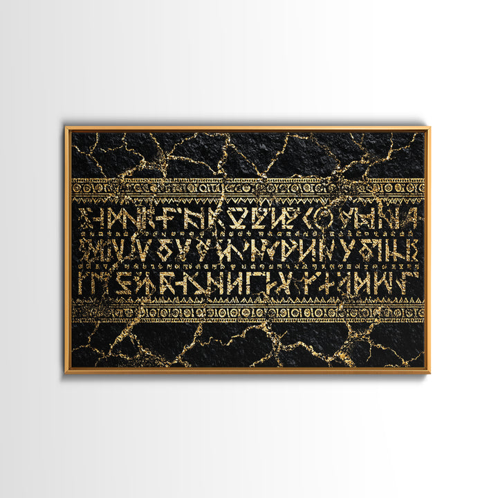 Gold Ancient Script On Black Stone Framed Canvas Print, African Egyptian Art, Cultural Wall Decor, Luxury Home Decor Gift