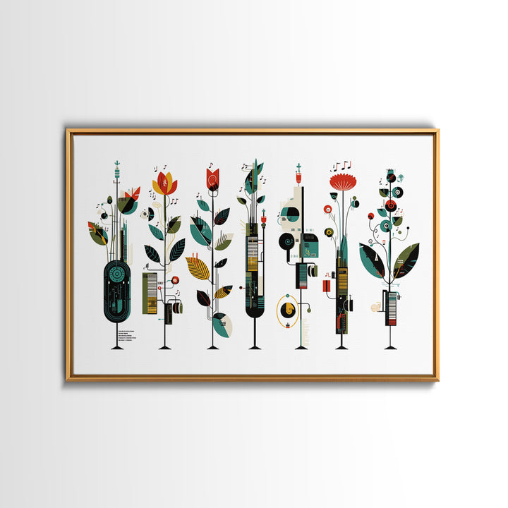 Musical Botanical Towers With Abstract Flowers Wall Art, Modern African Inspired Decor, Colorful Living Room Canvas Print
