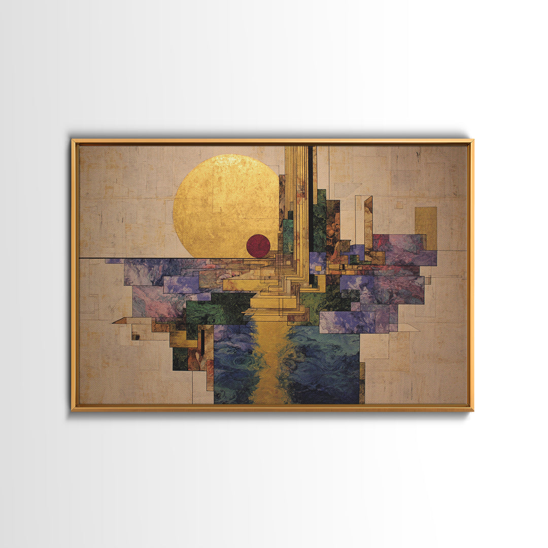Golden Sun Geometric City Over Water Framed Canvas Print, African Abstract Wall Art, Luxury Modern Living Room Home Decor Gift