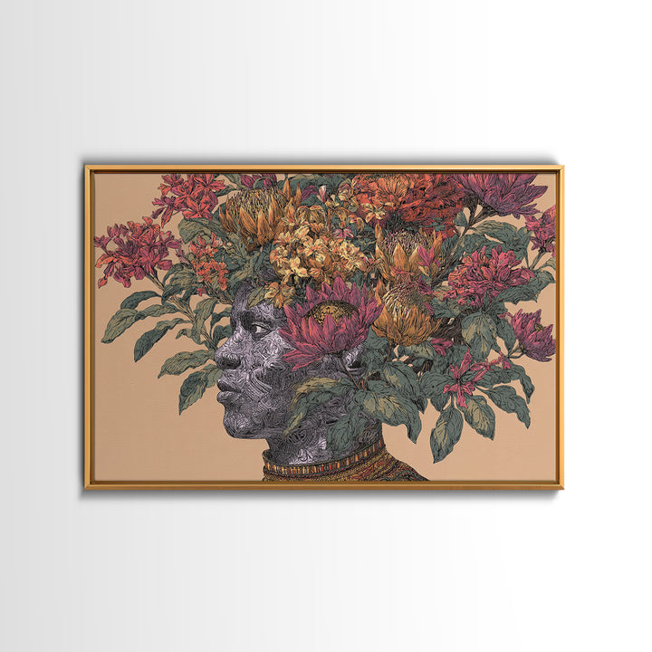 African Woman Profile With Protea Floral Crown Wall Art, Afrocentric Portrait Canvas Print, Black Beauty Home Decor Gift