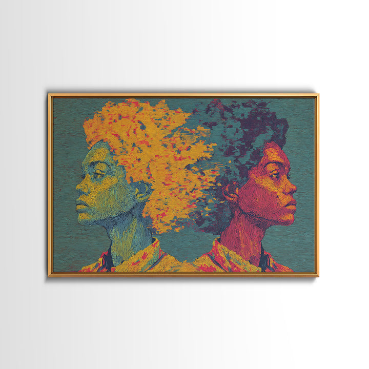 Vibrant Black Couple Opposing Profiles Wall Art, African Abstract Canvas Print, Textured Afrocentric Portrait Decor Gift