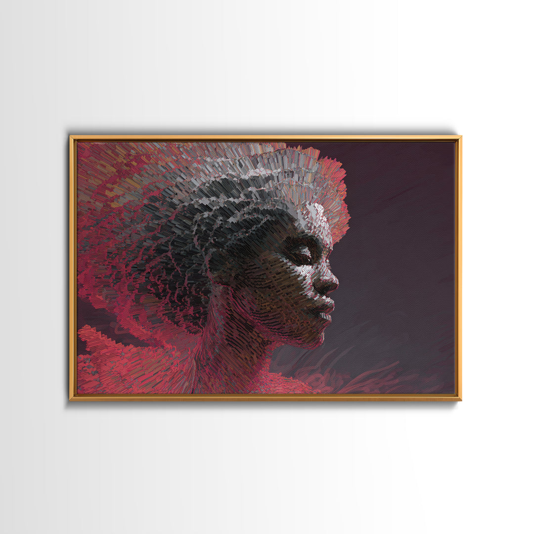 Mosaic Black Woman Profile In Red Shadows Wall Art, Abstract African Canvas Print, Contemporary Afrocentric Home Decor Gift