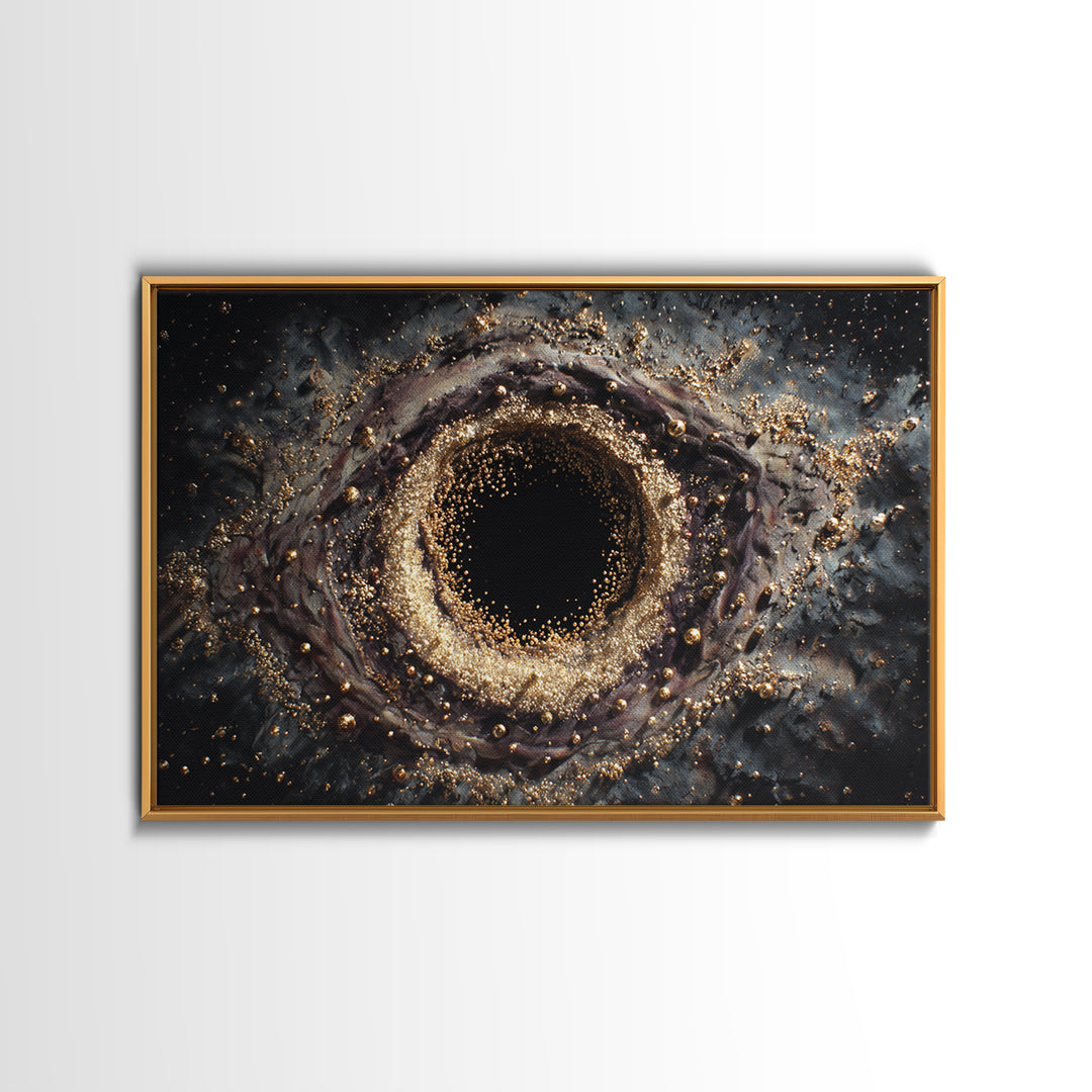Glittering Black Hole Vortex Framed Canvas Print, Abstract Art, Black And Gold Art, Modern Wall Decor, Unique Home Decor