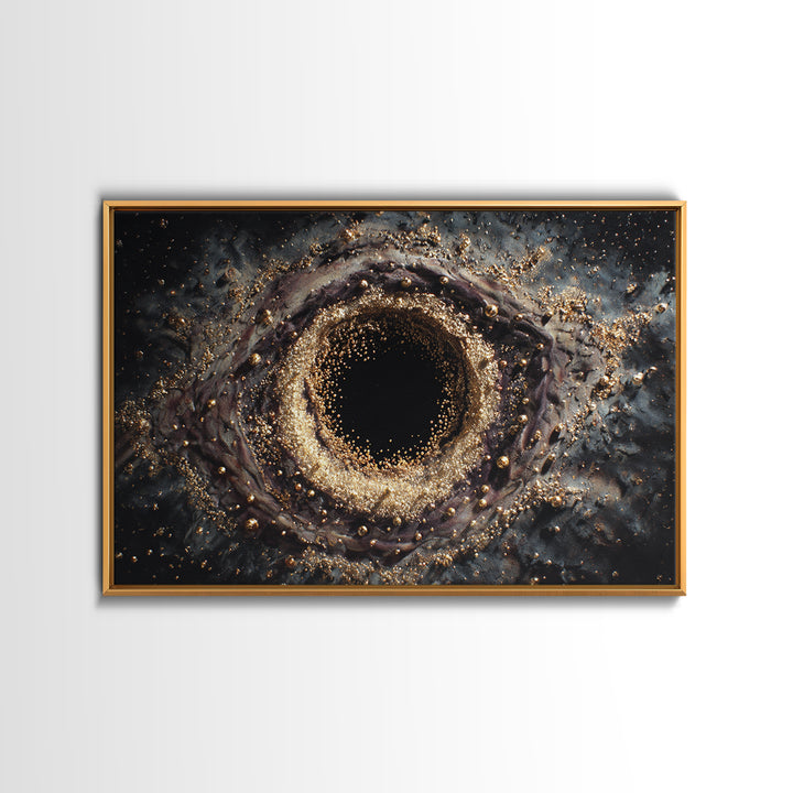 Glittering Black Hole Vortex Framed Canvas Print, Abstract Art, Black And Gold Art, Modern Wall Decor, Unique Home Decor