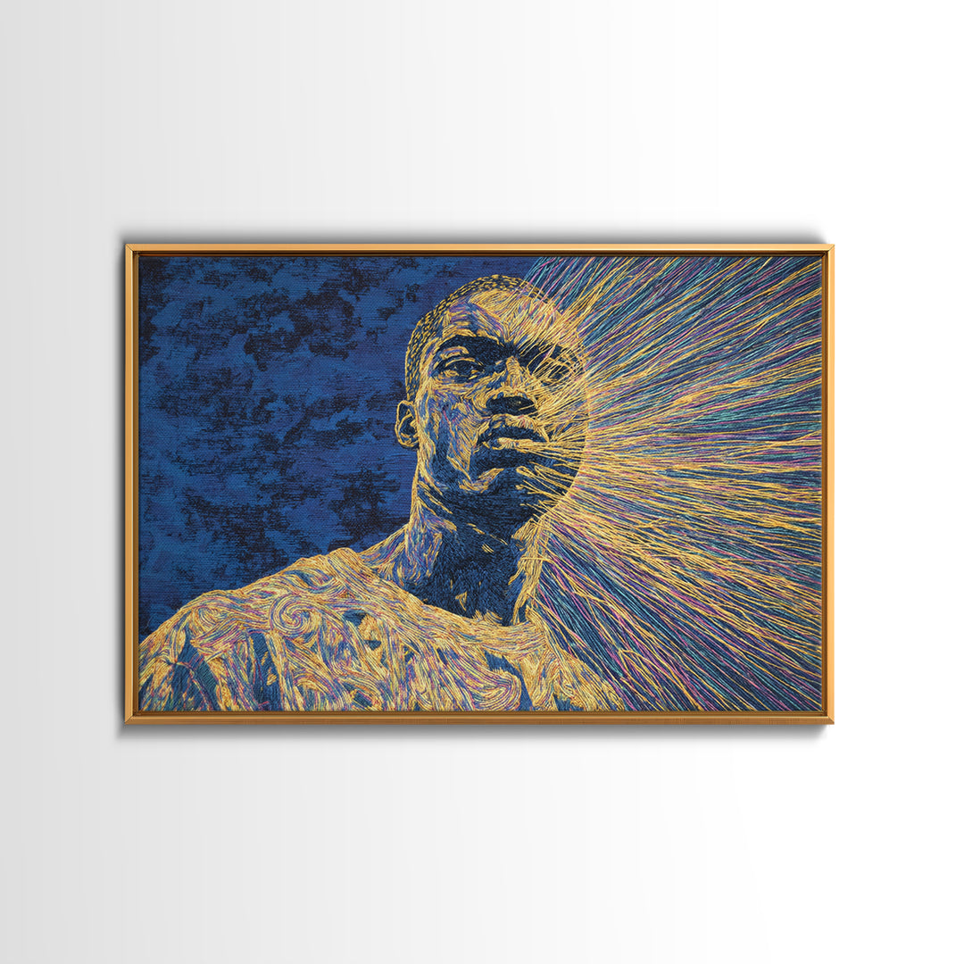 Radiant Black Man Portrait Wall Art, Afrocentric Art, Modern Black Art, Blue And Gold Canvas Print, Black Culture Art Decor