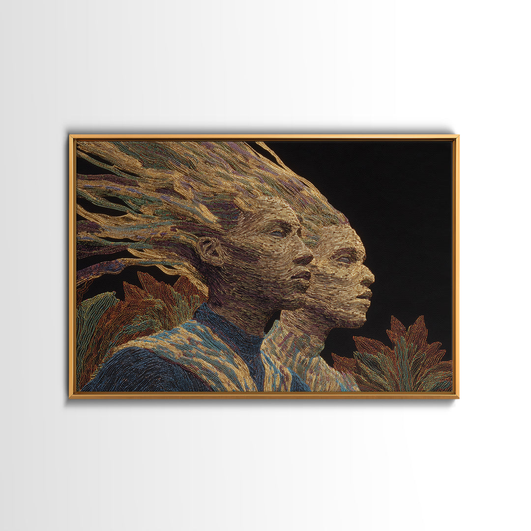 Surreal African Woman Double Portrait Canvas Print, African Women Art, Afrocentric Wall Art, Gold Textile Art, Elegant Decor