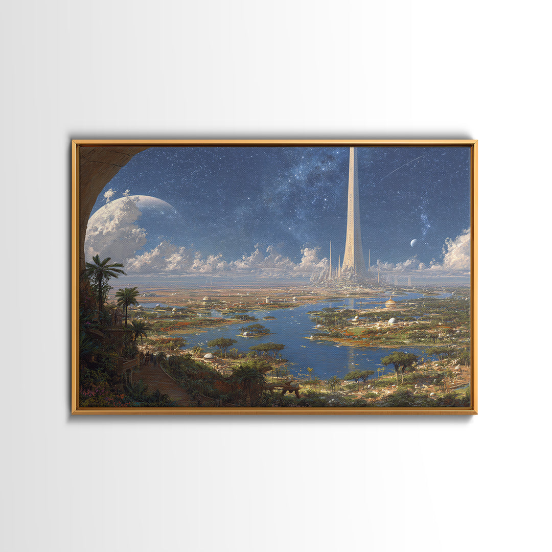 Afrofuturist African Cityscape Wall Art, Futuristic Nile Landscape, Digital Art Africa, Modern Canvas Print, Large Decor Art