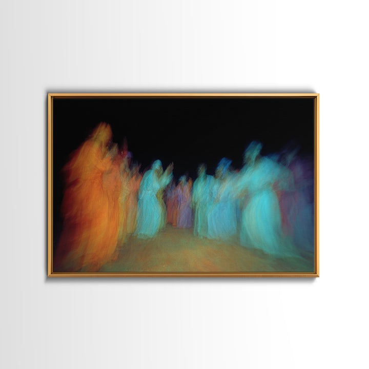 Blurred African Dancers In Orange And Teal Robes Wall Art, Afrocentric Culture Decor, Vibrant Tribal Canvas Print For Home Decor