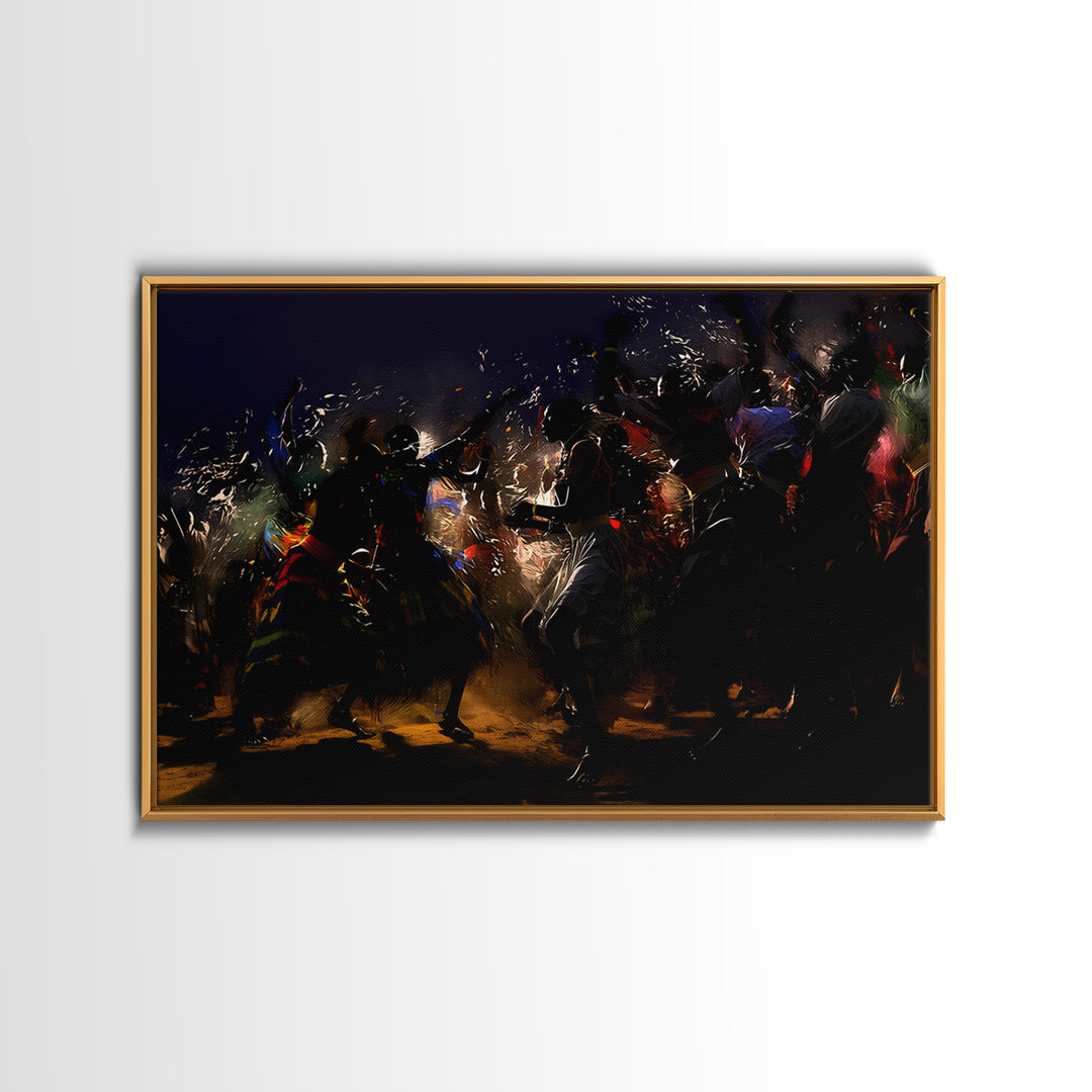 Dramatic African Warriors Dancing With Sparks Wall Art, Black Culture Art Decor, Mystical Tribal Canvas Print For Bold Rooms