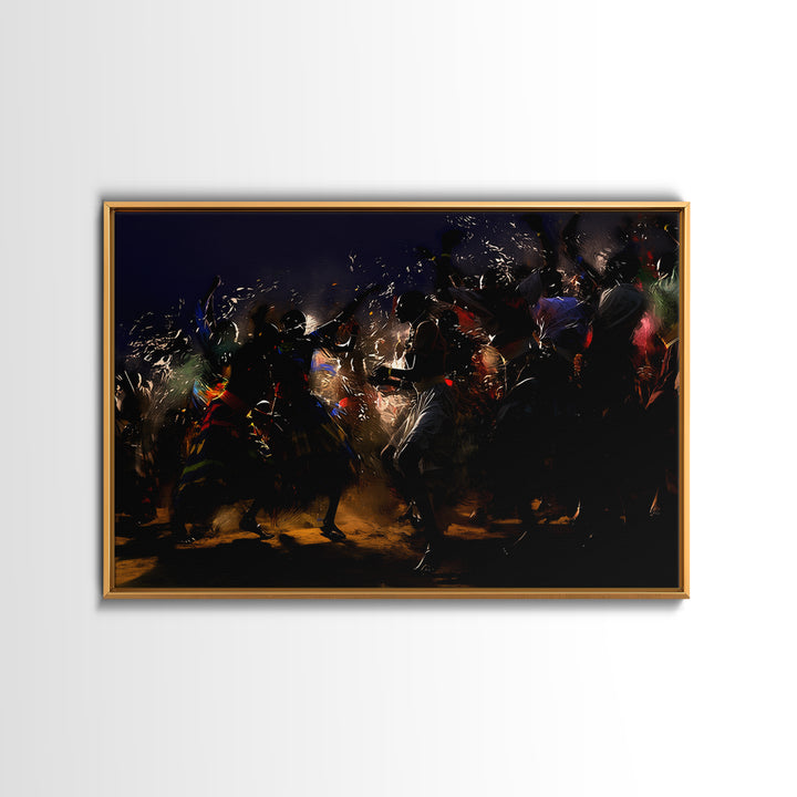 Dramatic African Warriors Dancing With Sparks Wall Art, Black Culture Art Decor, Mystical Tribal Canvas Print For Bold Rooms
