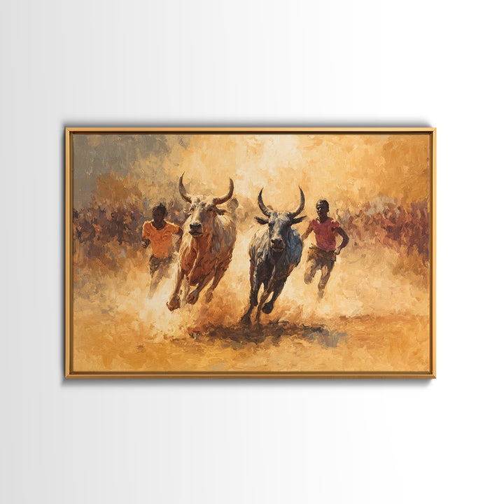 Dusty African Bull Race With Runners Canvas Print, Safari Culture Wall Art, Warm Earth Tone Decor For Living Room Gift Idea