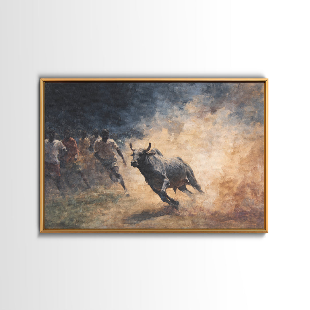 Charging Bull And Runners In Dusty Arena Wall Art, African Safari Art Decor, Dynamic Canvas Print For Bold Home Decor Gift