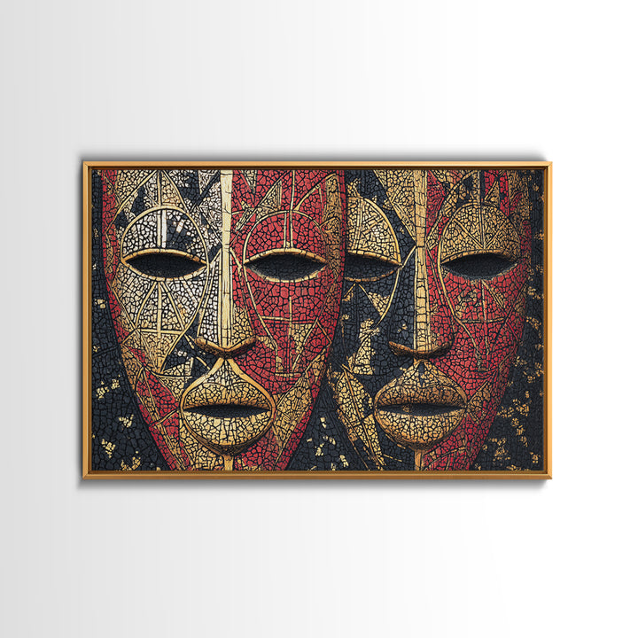 Dual African Tribal Masks In Red Gold Mosaic, Framed Canvas Print, Afrocentric Mask Art, Bold Cultural Wall Decor For Home