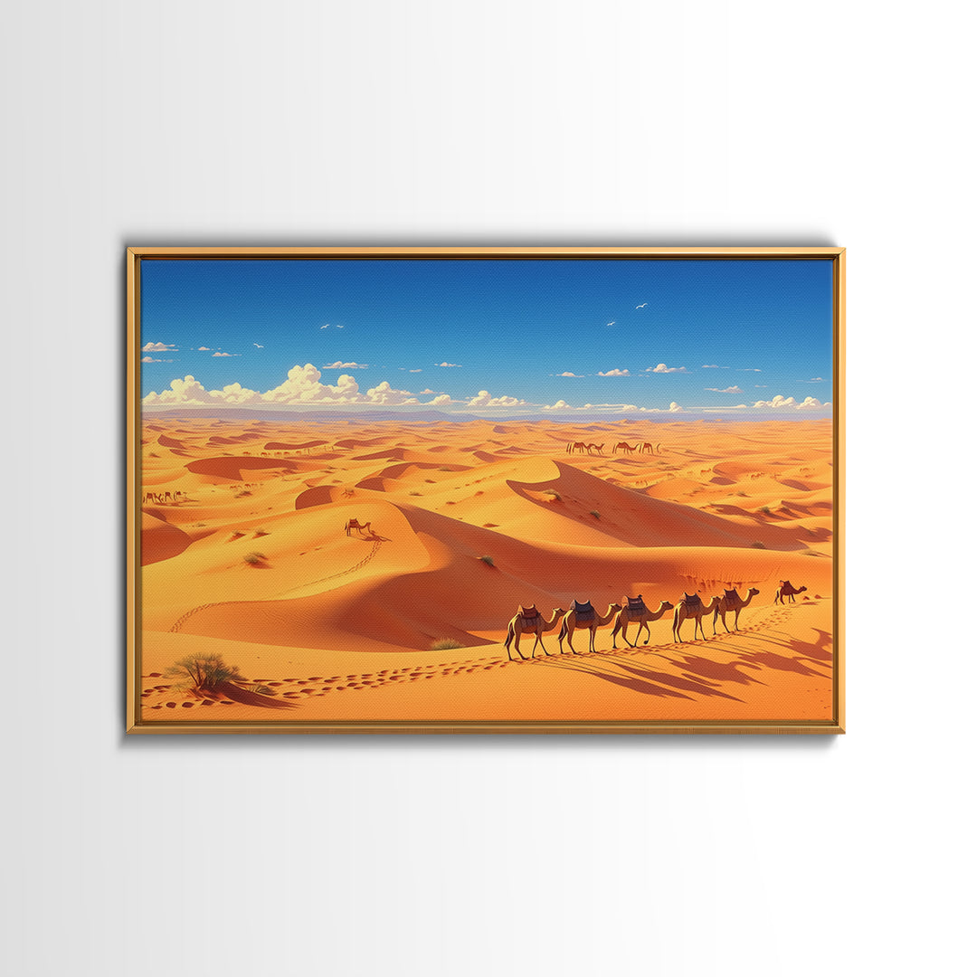 Golden Sahara Dunes With Camel Caravan, African Wall Art, Desert Landscape Print, Travel Decor, Boho Living Room Gift Poster