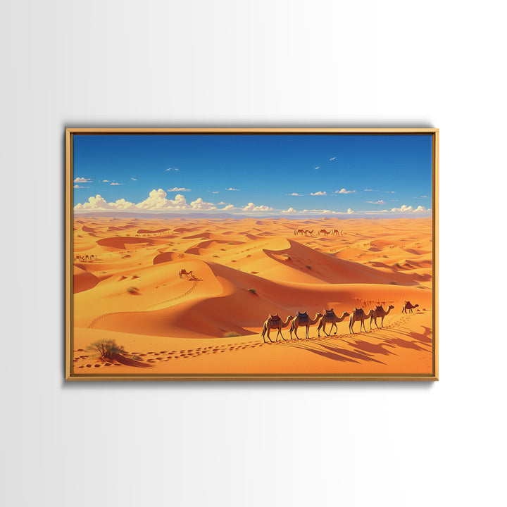 Golden Sahara Dunes With Camel Caravan, African Wall Art, Desert Landscape Print, Travel Decor, Boho Living Room Gift Poster