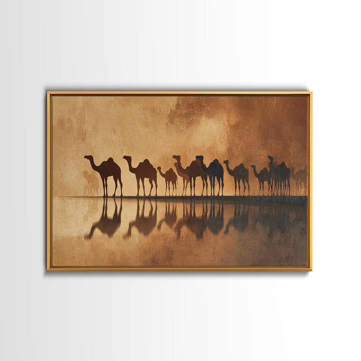 Sepia Camel Caravan Reflections At Dusk, Canvas Print, African Safari Art, Earth Tone Wall Decor, Desert Home Decor Gift