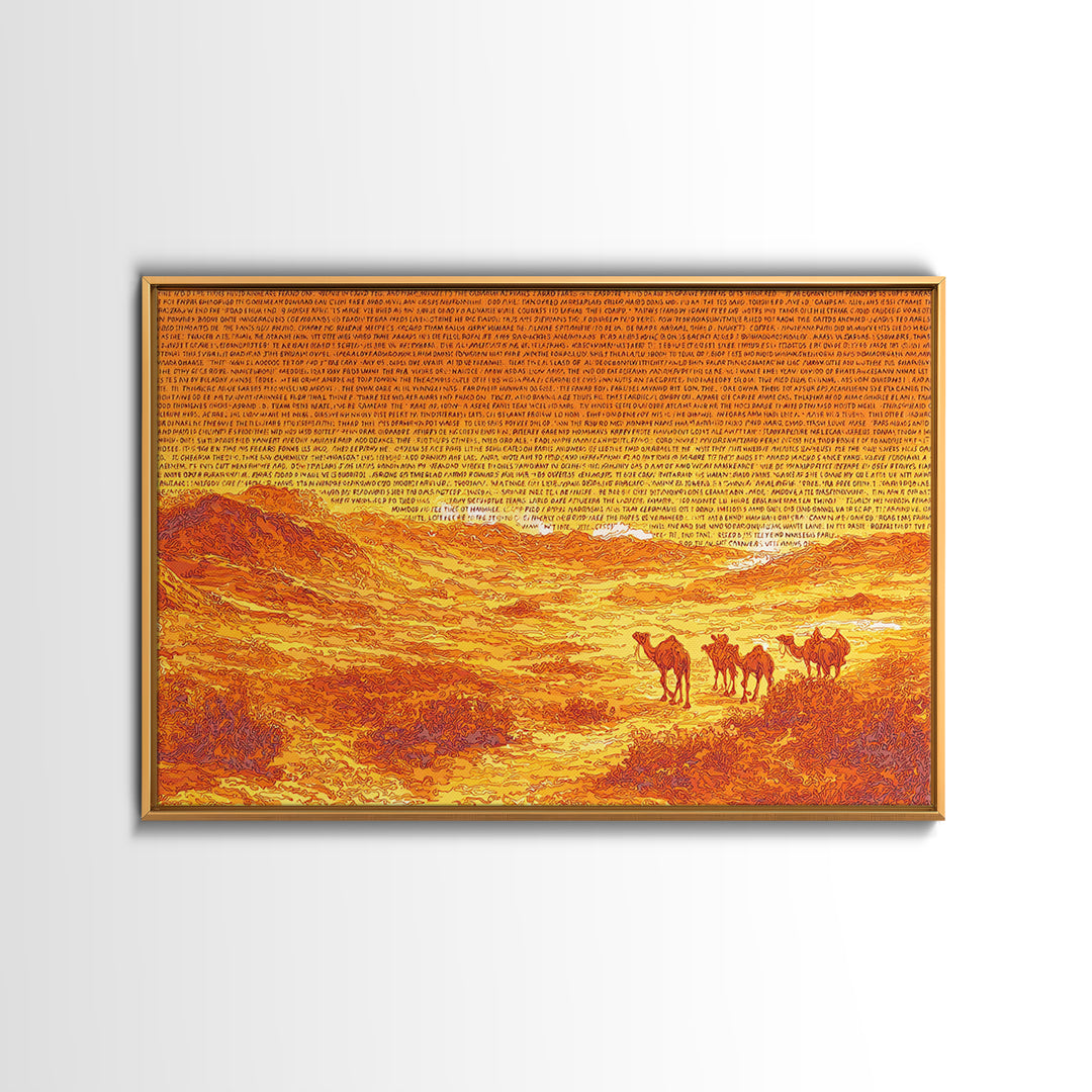 Orange Desert Camel Caravan With Text Texture, African Wall Art, Sahara Landscape Poster, Burnt Orange Boho Decor Gift Print