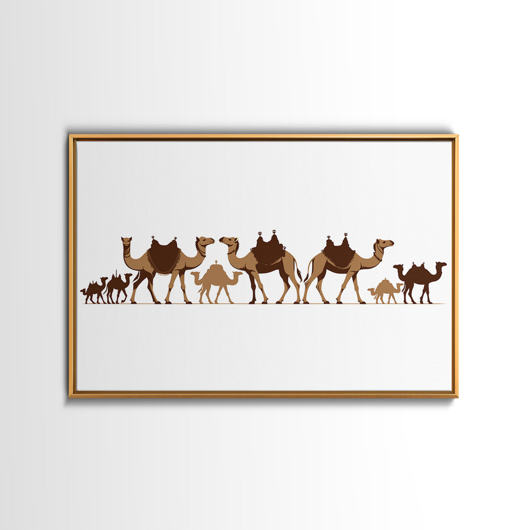 Minimal Camel Caravan Silhouette On White, Framed Canvas Print, African Desert Wall Decor, Neutral Safari Art Gift For Living Room