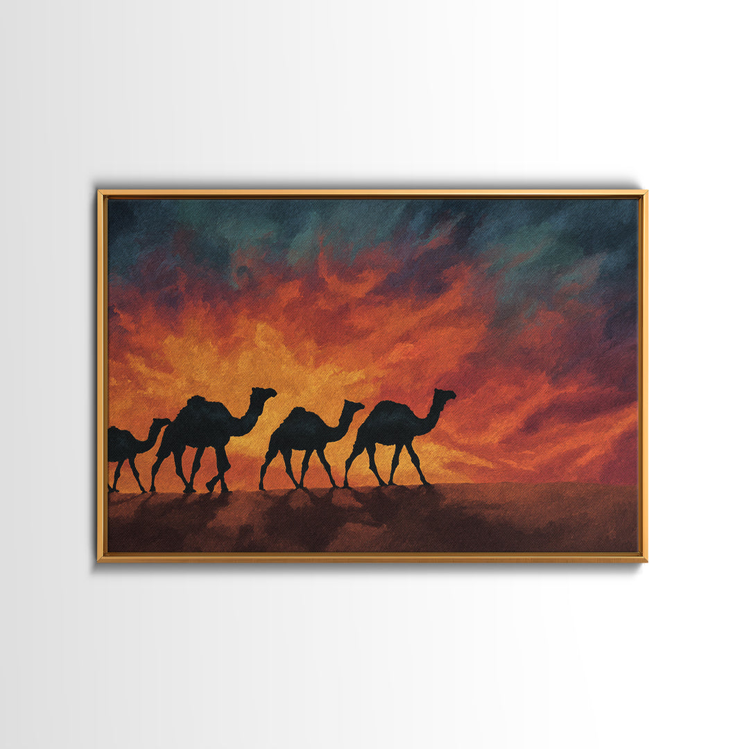 Fiery Sunset Camel Caravan Silhouettes, Canvas Print, African Safari Wall Art, Burnt Orange Desert Decor For Living Room