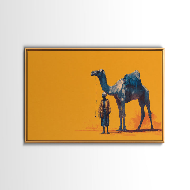 Blue Camel And Tuareg Traveler On Orange, African Wall Art, Minimalist Desert Portrait, Unique Canvas Gift For Him, Home Decor