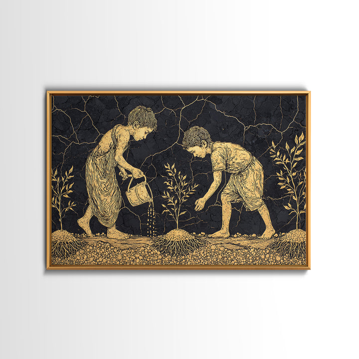 Gold Etched Children Planting Canvas Print, African Culture Art, Black And Gold Farm Scene Wall Decor For Meaningful Gift