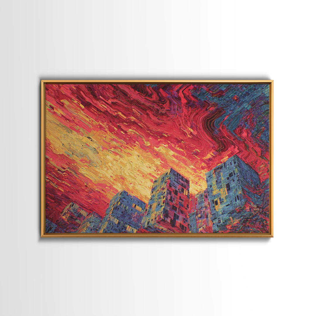 Fiery City Skyline Canvas Print, Modern Urban Wall Art, Bold Red Sunset Architecture Decor For Office Living Room Statement Decor