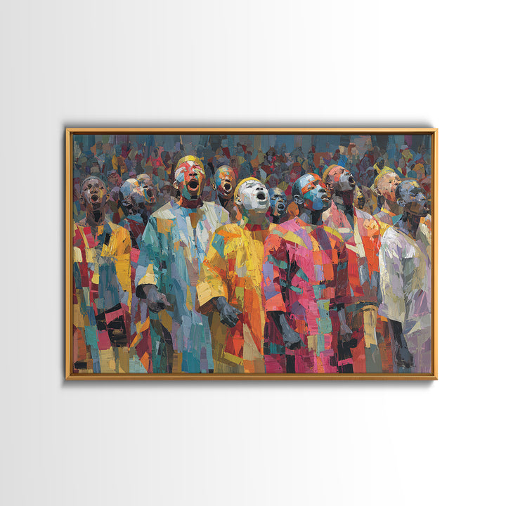 Colorful African Masked Choir Wall Art, Festival Procession Painting, Afrocentric Culture Decor, Bold Gallery Canvas Print