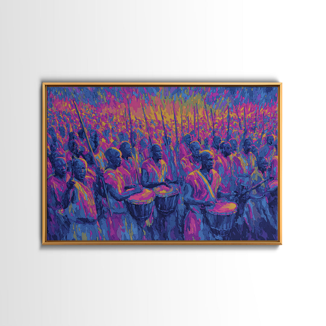 Neon African Drumming Festival Wall Art, Colorful Celebration Painting, Afrocentric Music Decor, Vibrant Living Room Canvas Print