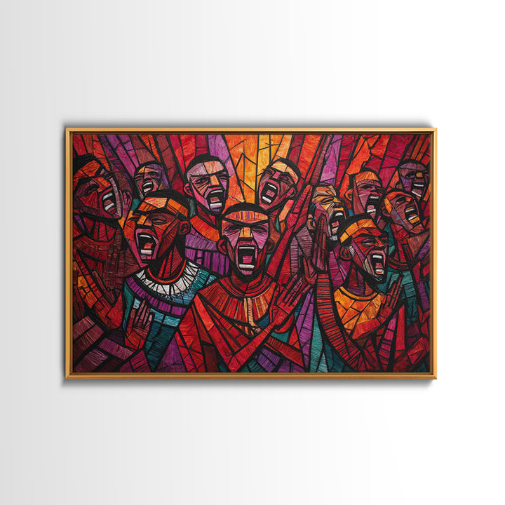 Stained Glass African Choir Wall Art, Bold Red Tribal Celebration Painting, Black Culture Decor, Expressive Canvas Print
