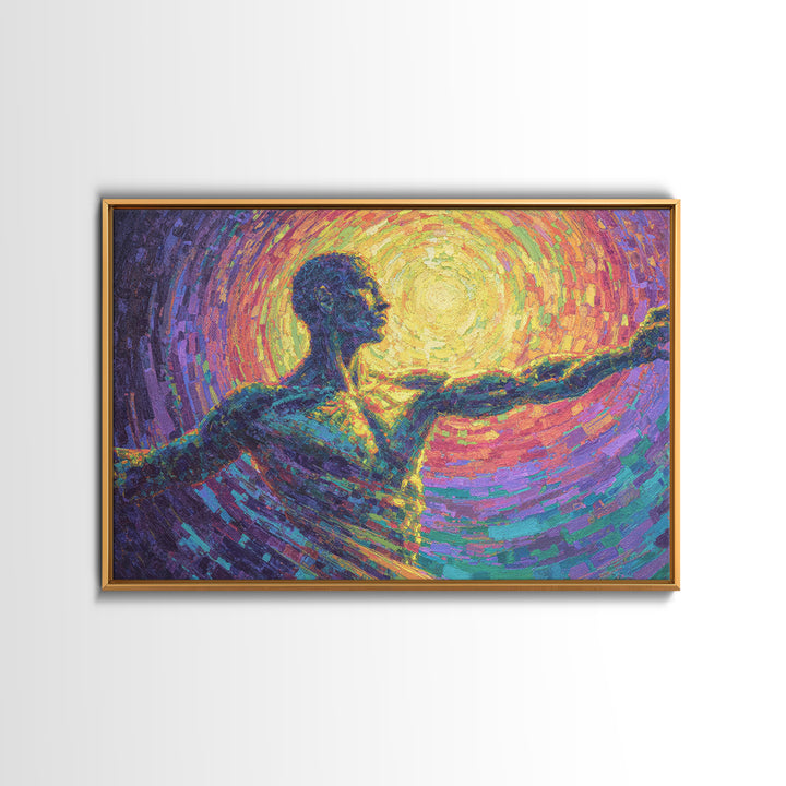 Radiant African Dancer Silhouette Canvas Print, Spiritual Abstract Wall Art, Colorful Black Figure, Meditation Room Decor
