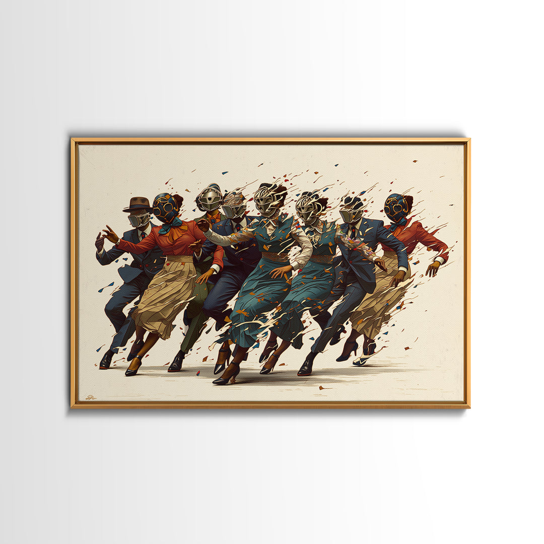 Masked African Jazz Dancers Canvas Print, Afrofuturism Fashion Wall Art, Stylish Black Culture Decor, Unique Home Decor Gift