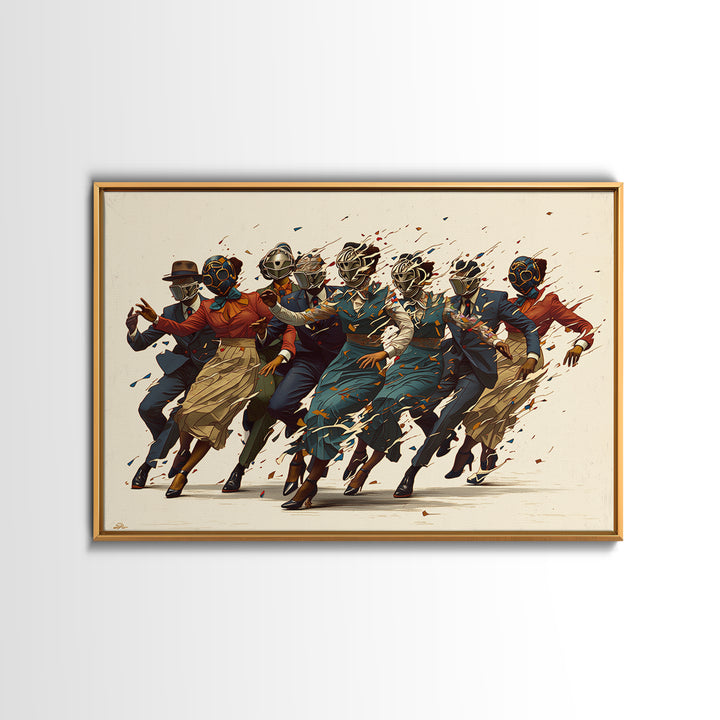 Masked African Jazz Dancers Canvas Print, Afrofuturism Fashion Wall Art, Stylish Black Culture Decor, Unique Home Decor Gift