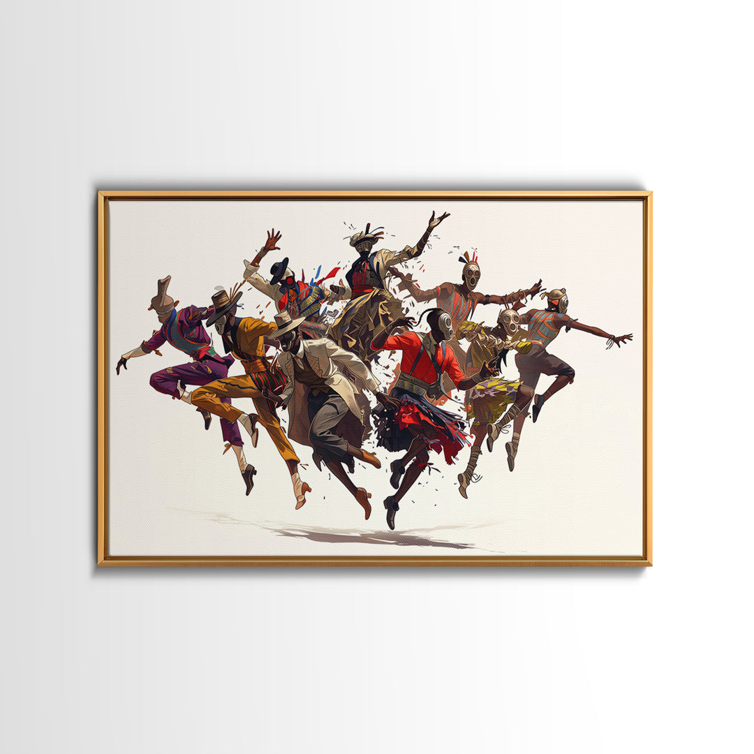 Joyful African Tribal Dancers Wall Art, Dynamic Masquerade Celebration Painting, Afrocentric Decor, Vibrant Canvas Print Gift