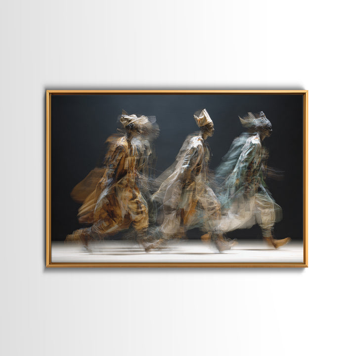 Blurred African Spirit Walkers Framed Canvas Print, Modern Afrocentric Wall Art, Ethnic Home Decor, Dreamy Motion Painting
