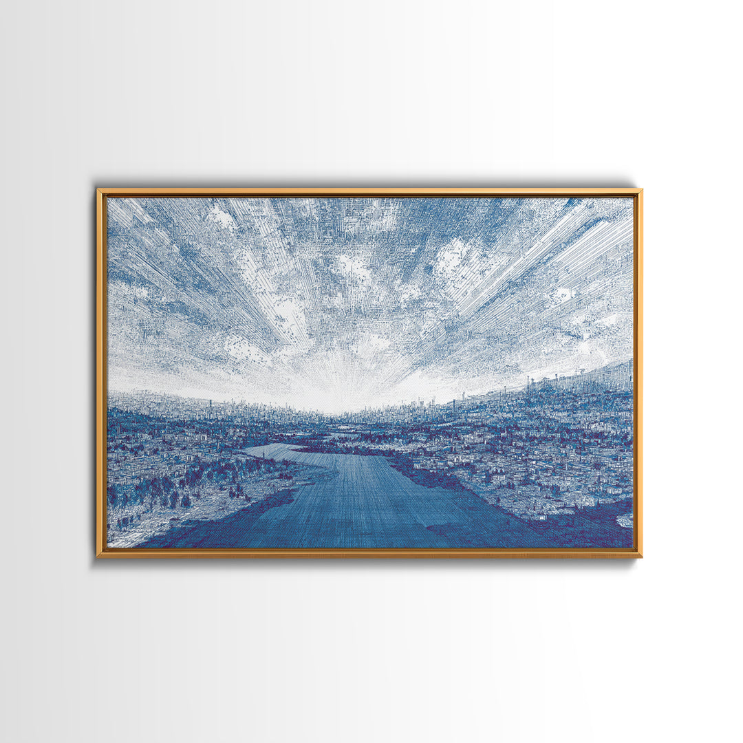 Blue River City Skyline Wall Art, Abstract Landscape Canvas Print, Modern Office Decor, Coastal Urban Artwork In Cool Tones