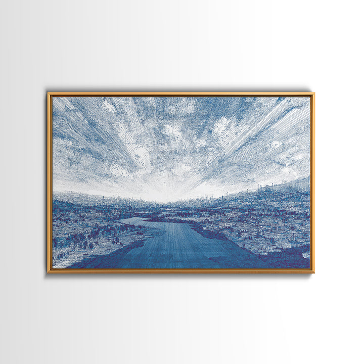 Blue River City Skyline Wall Art, Abstract Landscape Canvas Print, Modern Office Decor, Coastal Urban Artwork In Cool Tones
