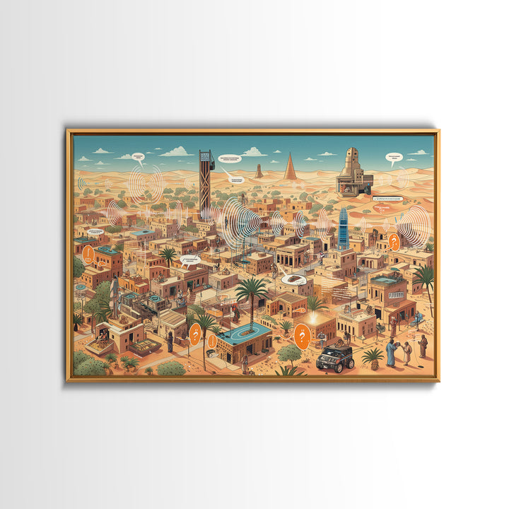 Afrofuturist Desert City With Radio Signals Wall Art, African Landscape, Modern Canvas Art, Tech Inspired Office Decor Print