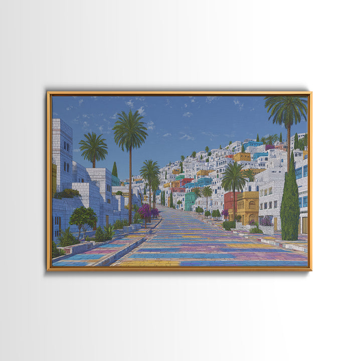 Sunny White Hillside Street With Rainbow Steps Canvas Print, Morocco Africa Travel Poster, Blue Palm Tree Wall Decor Art
