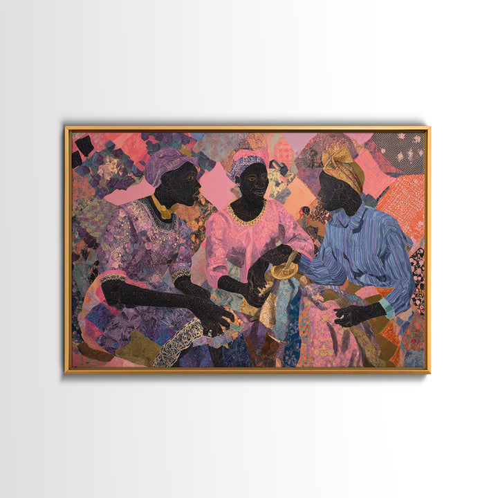 Three African Women Sharing Tea Framed Canvas Print, Textile Art, African Fabric, Black Women Art, Cultural Home Decor Gift