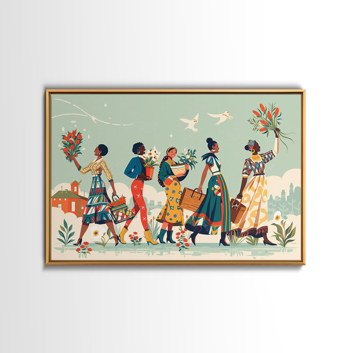 Joyful African Women Carrying Flowers Wall Art, Feminine Wall Decor, Ankara Inspired Print, Black Girl Magic Home Decor Gift