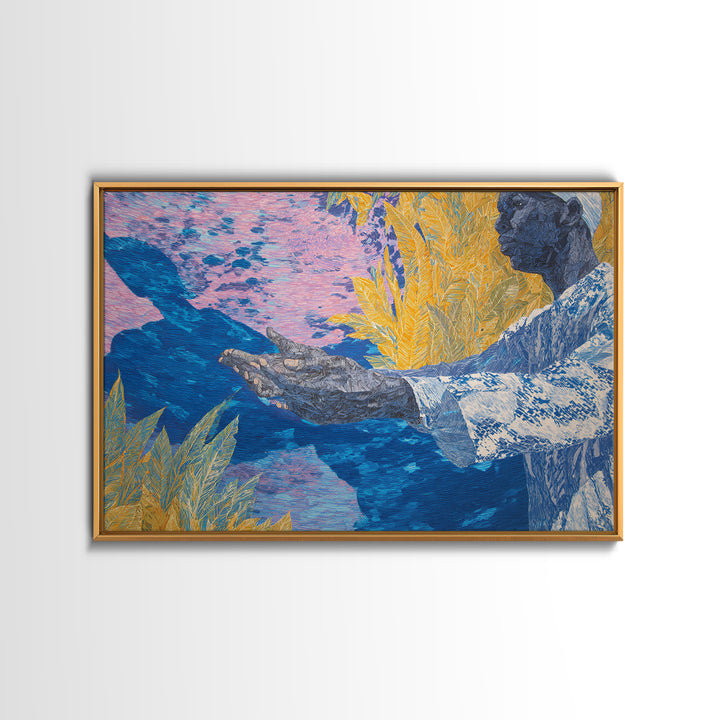 Blue Gold Figure With Open Hands Framed Canvas Print, Black Man Wall Art, Spiritual Wall Decor, African Inspired Home Decor Gift