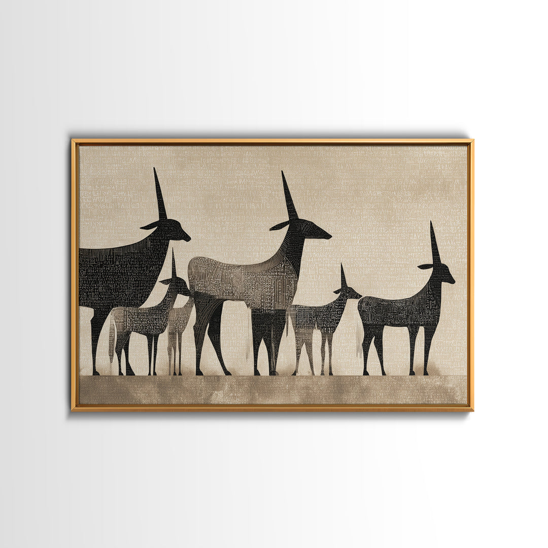 Minimalist Antelope Family Silhouette Canvas Print, African Safari Art, Neutral Tribal Decor, Beige Living Room Wall Decor