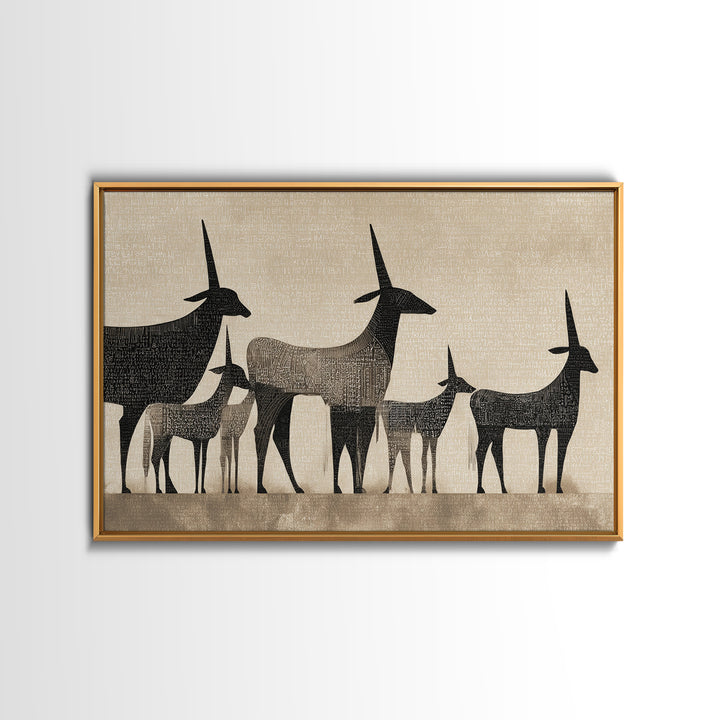 Minimalist Antelope Family Silhouette Canvas Print, African Safari Art, Neutral Tribal Decor, Beige Living Room Wall Decor