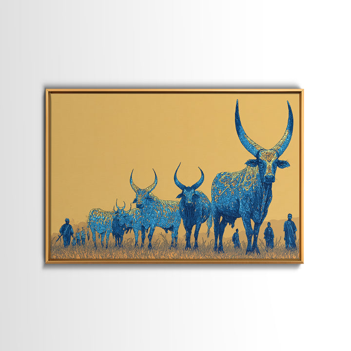 Blue Ornate Ankole Cattle Herd Canvas Print, African Safari Art, Tribal Animal Decor, Golden Savanna Statement Wall Art Print