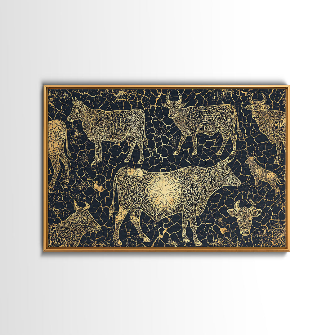 Gold Line Cattle On Cracked Black Canvas Print, African Tribal Art, Rustic Animal Pattern, Bold Ethnic Wall Decor, Home Decor
