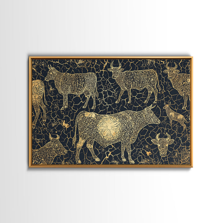Gold Line Cattle On Cracked Black Canvas Print, African Tribal Art, Rustic Animal Pattern, Bold Ethnic Wall Decor, Home Decor