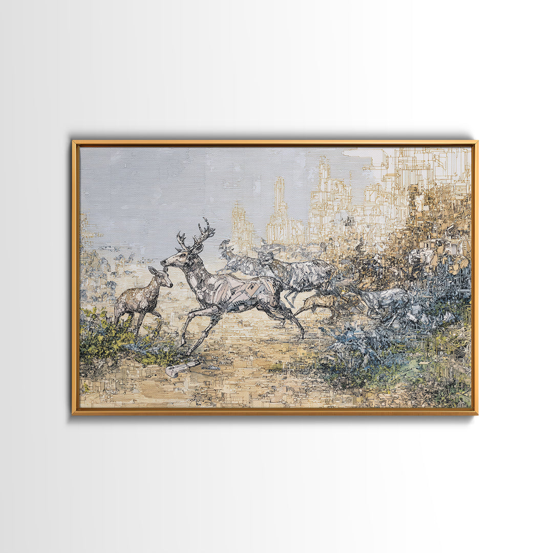 Leaping Antelope Beside Abstract City Skyline Wall Art, African Safari Art Print, Modern Nature Scene, Office Decor Gift